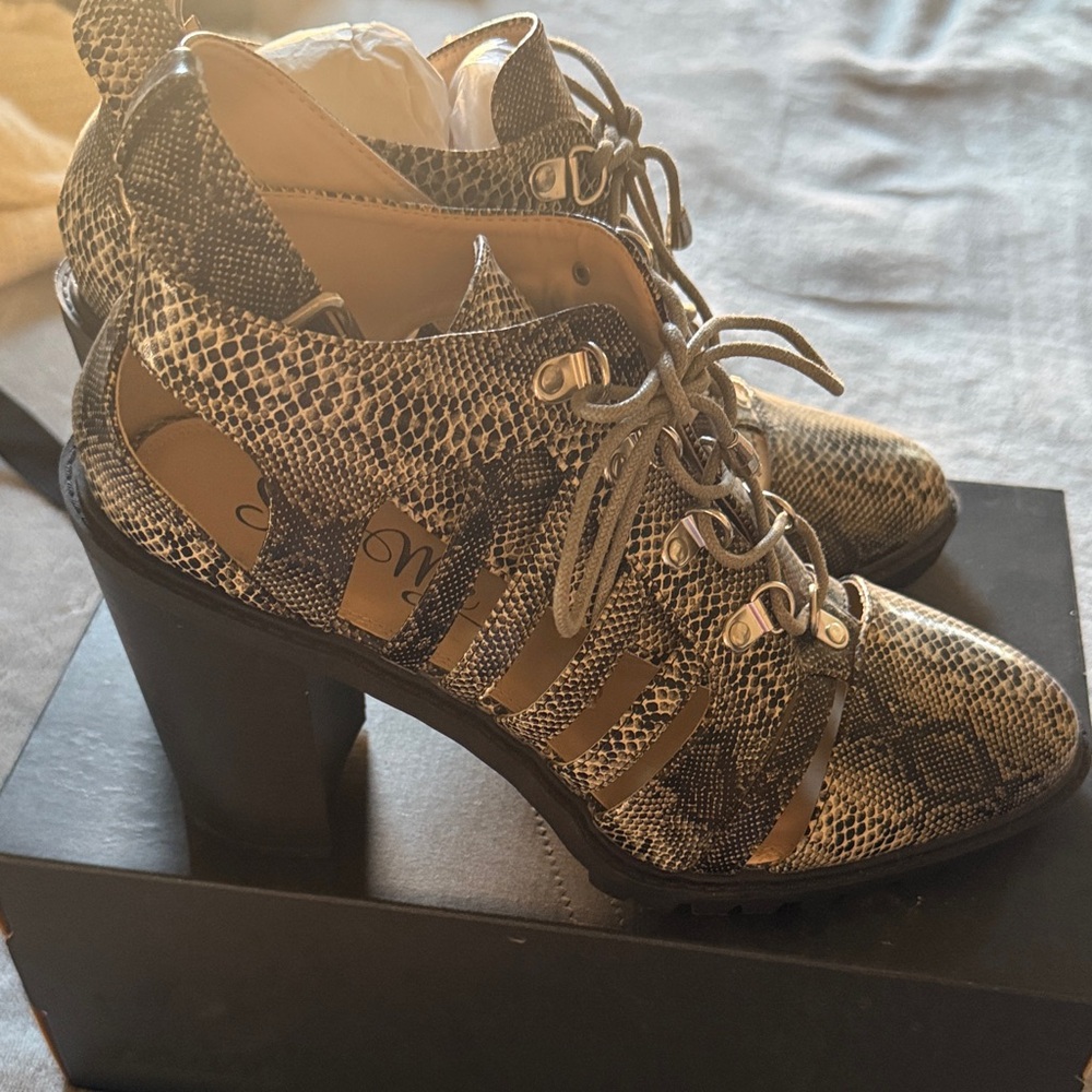 So Me Snake Print Lace-Up Heels